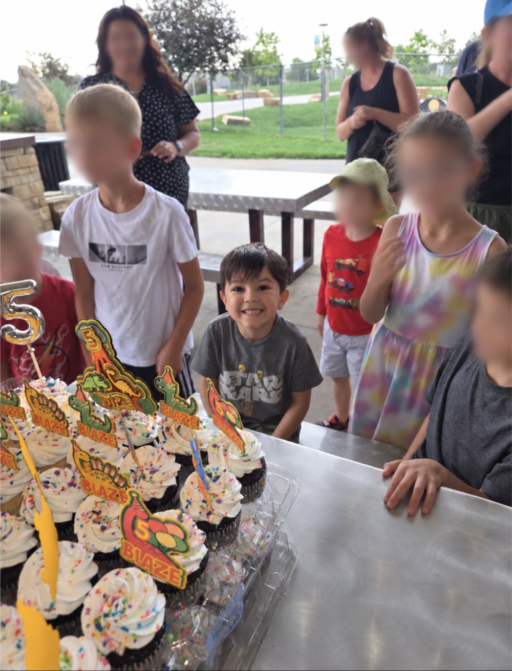 A smiling birthday boy behind a tray of cupcakes topped with layered dinosaur toppers that say BLAZE and the number 5
