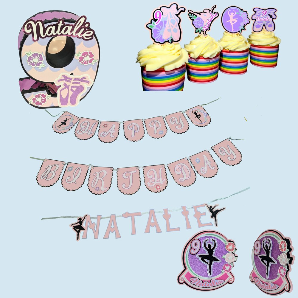 Ballet theme set: banner, cupcake toppers, cake topper and 3D number centerpiece