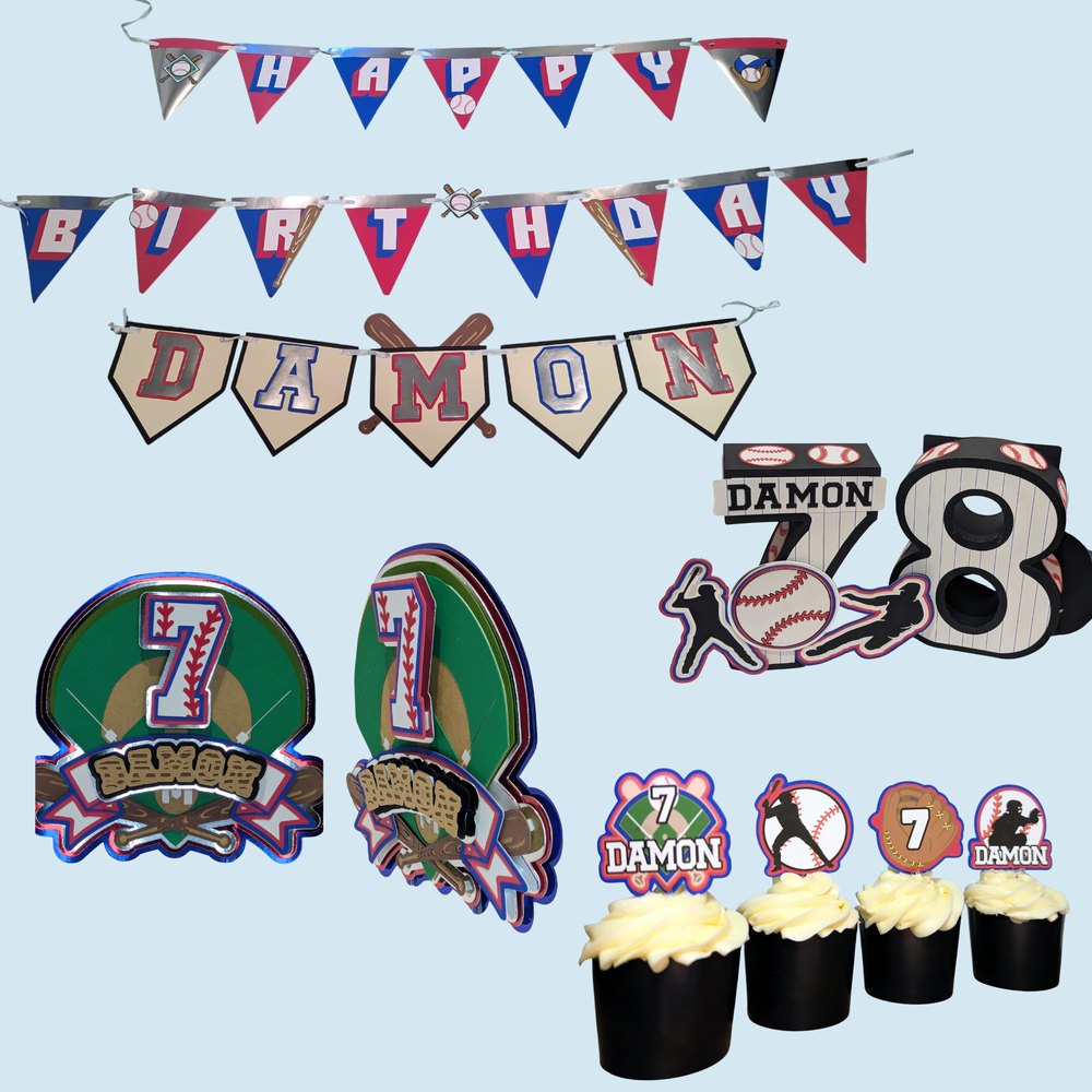 Baseball theme set: banner, cupcake toppers, cake topper and 3D number centerpiece