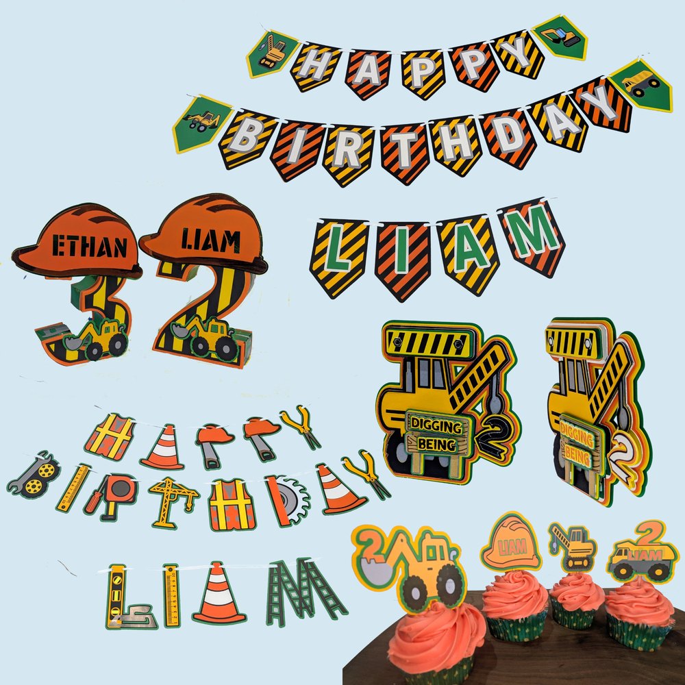 Construction theme set: banner, cupcake toppers, cake topper and 3D number centerpiece