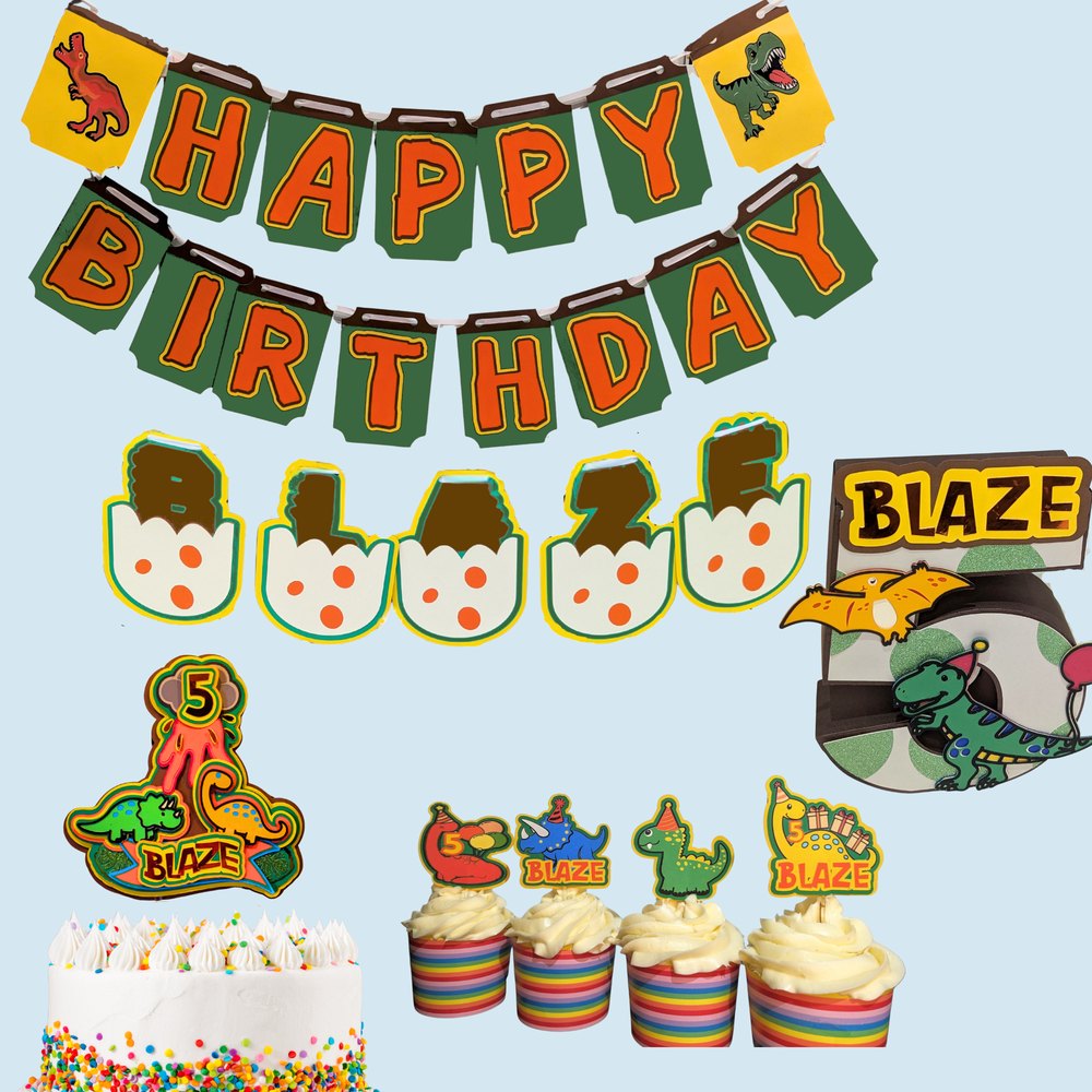 Dinosaur theme set: banner, cupcake toppers, cake topper and 3D number centerpiece