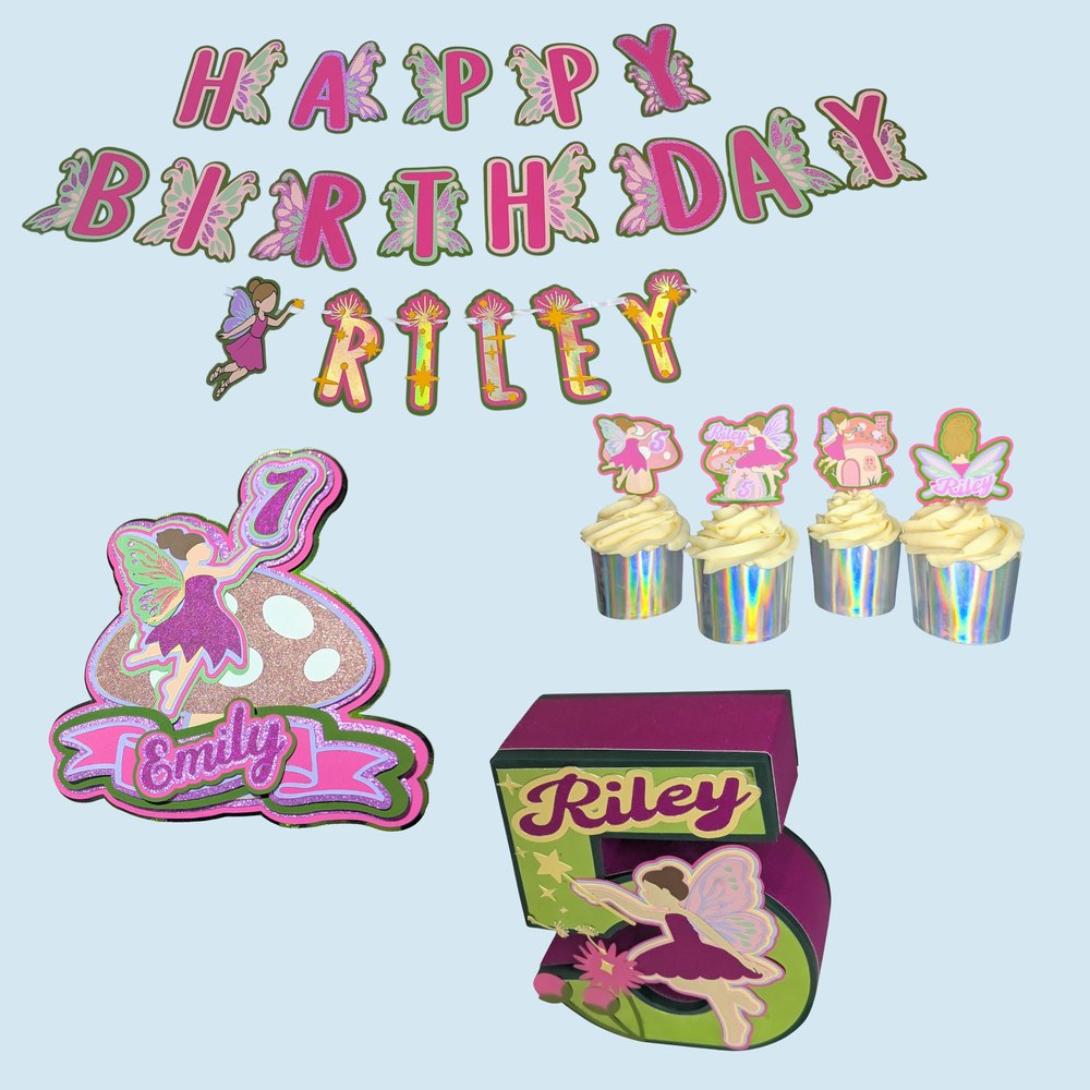 Fairy theme set: banner, cupcake toppers, cake topper and 3D number centerpiece