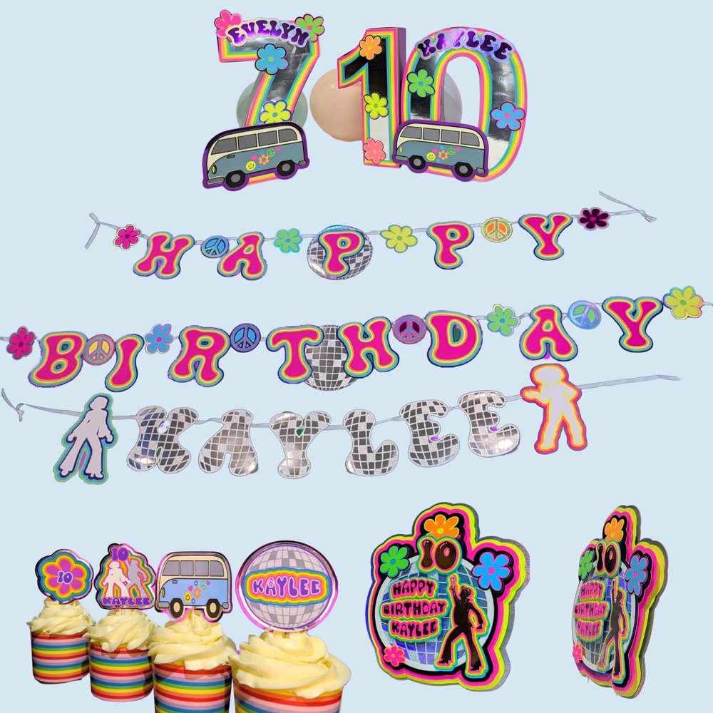Hippie theme set: banner, cupcake toppers, cake topper and 3D number centerpiece