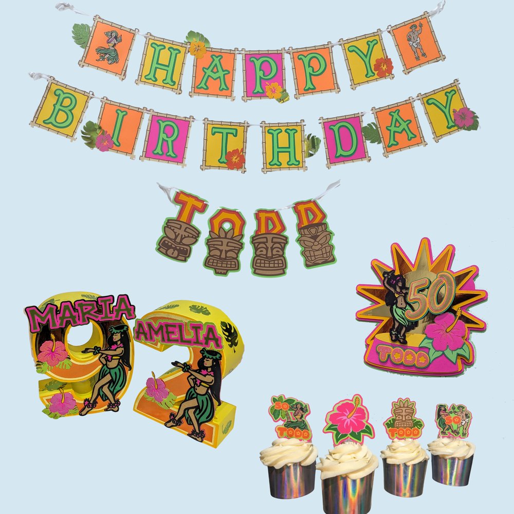 Luau theme set: banner, cupcake toppers, cake topper and 3D number centerpiece