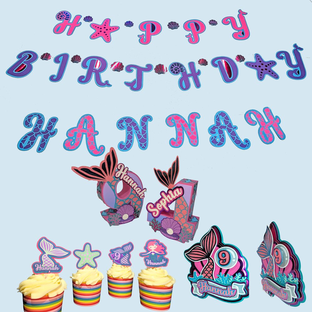 Mermaid theme set: banner, cupcake toppers, cake topper and 3D number centerpiece