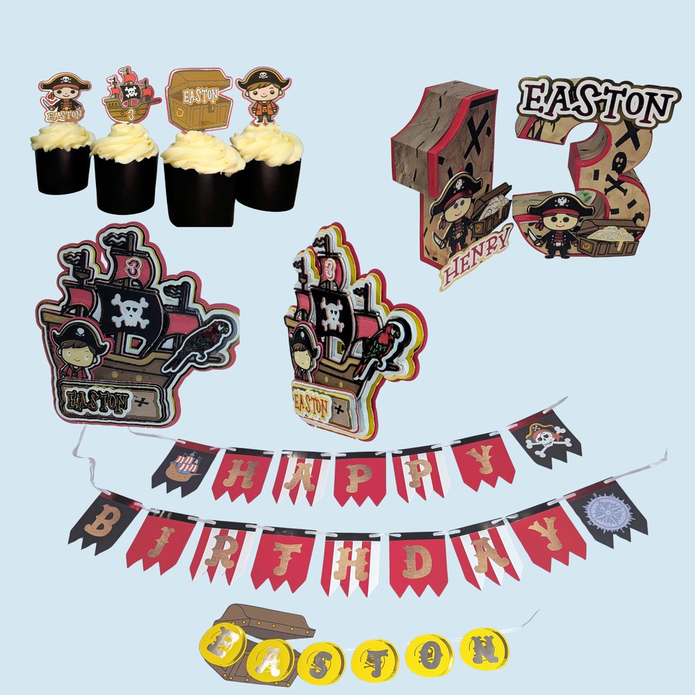 Pirate theme set: banner, cupcake toppers, cake topper and 3D number centerpiece