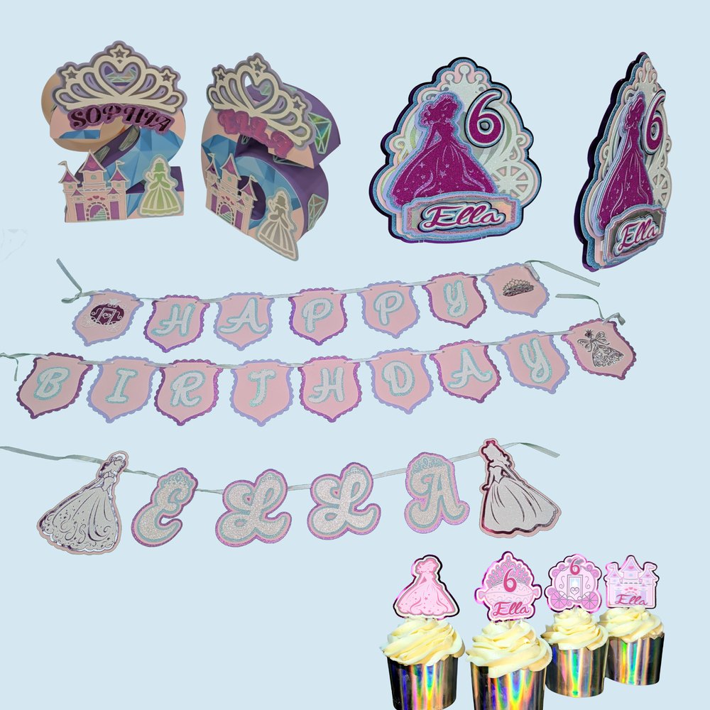 Princess theme set: banner, cupcake toppers, cake topper and 3D number centerpiece