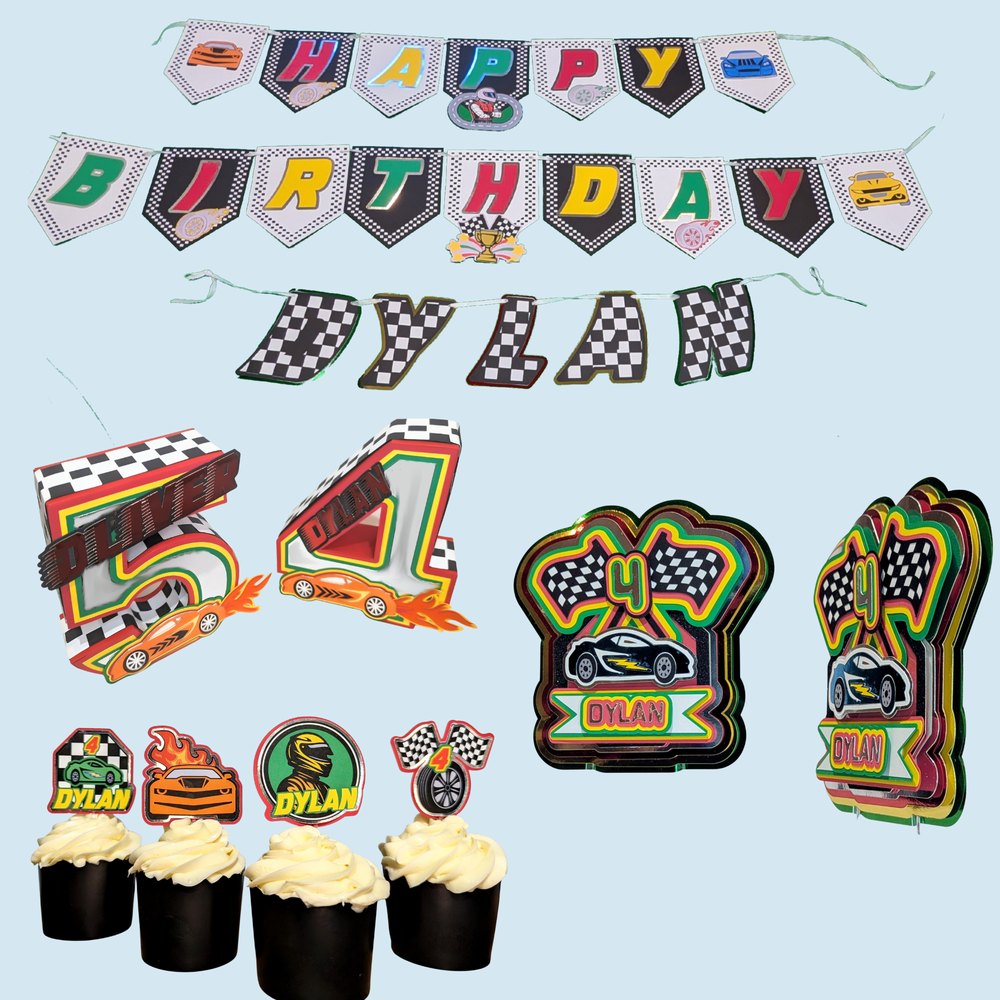 Racecar theme set: banner, cupcake toppers, cake topper and 3D number centerpiece