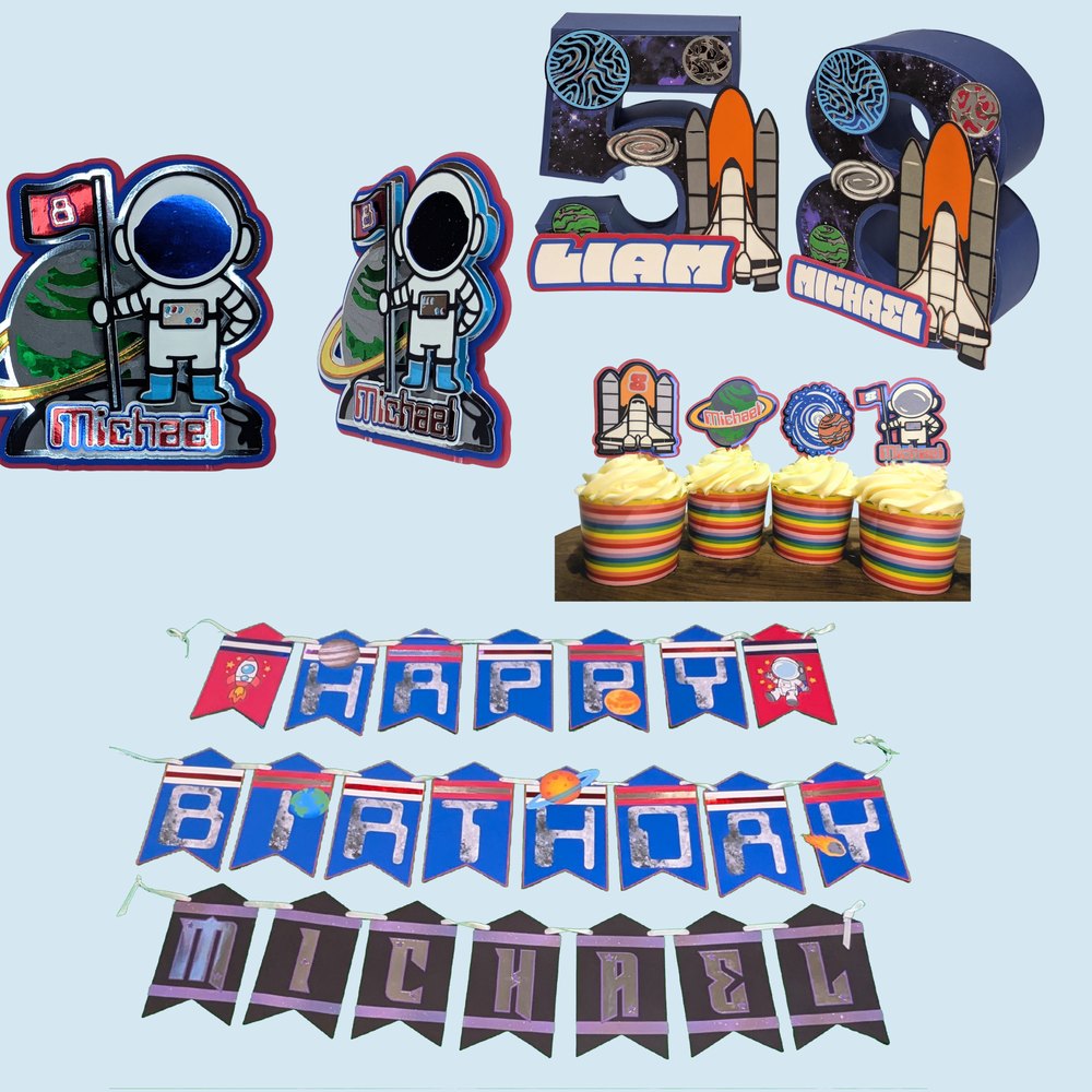 Space theme set: banner, cupcake toppers, cake topper and 3D number centerpiece