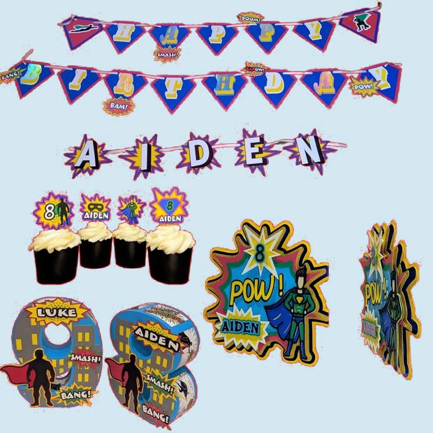 Superhero theme set: banner, cupcake toppers, cake topper and 3D number centerpiece