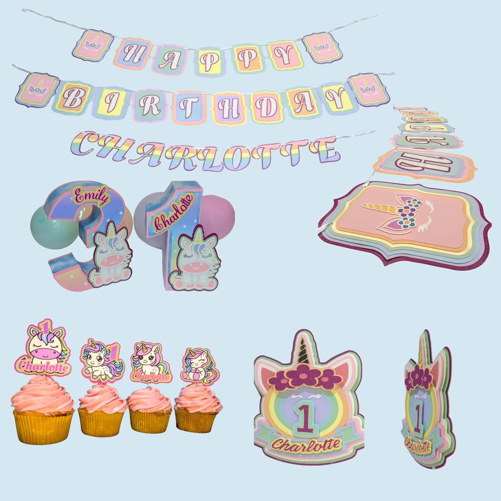 Unicorn theme set: banner, cupcake toppers, cake topper and 3D number centerpiece