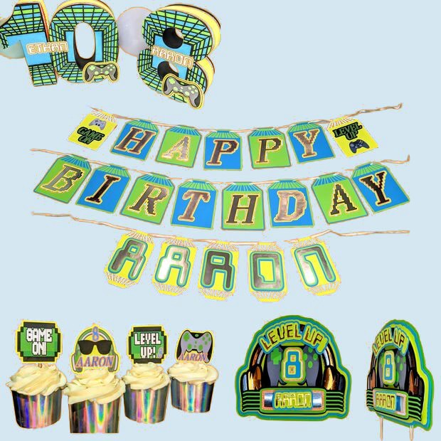 Video Gamer theme set: banner, cupcake toppers, cake topper and 3D number centerpiece
